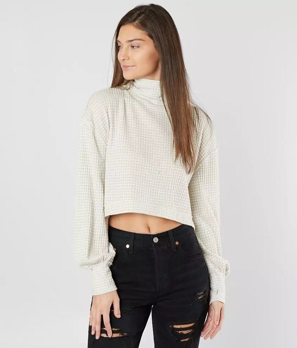 Free People White Cream BK Waffle Thermal Distressed Boho Cropped Top S